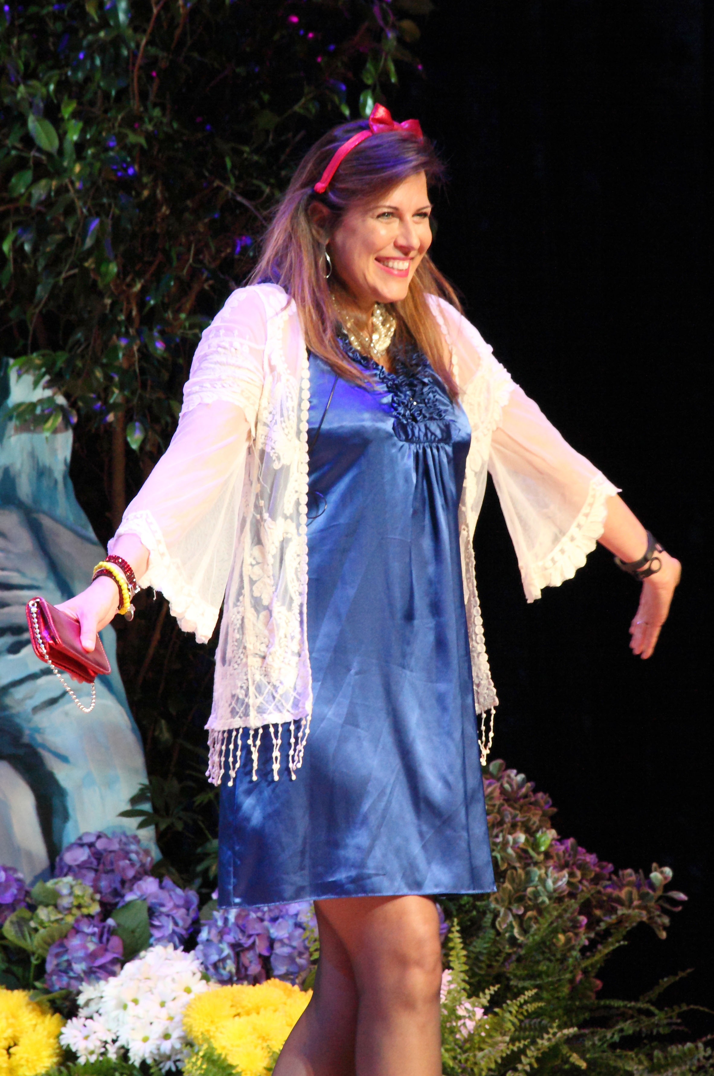 A woman dressing in the style of Snow White, at the Disneyland Hotel