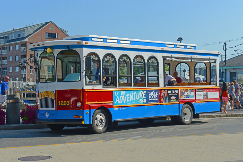 Portland Mainely Tour bus in Old Port district of Portland, Maine, ME, USA.