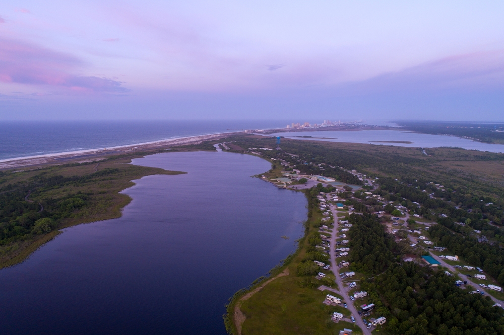 Aerial view of the Gulf State Park in Gulf Shores, Alabama at sunrise