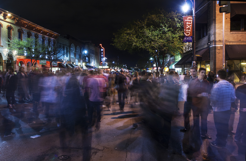 AUSTIN, TEXAS/USA - MARCH 2010: Long exposure shot of 6th street at night.