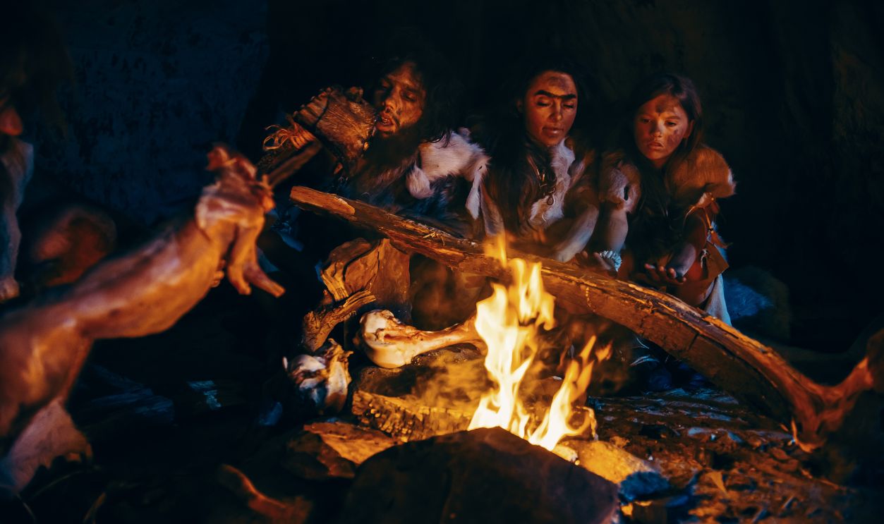 Neanderthal or Homo Sapiens Family Cooking