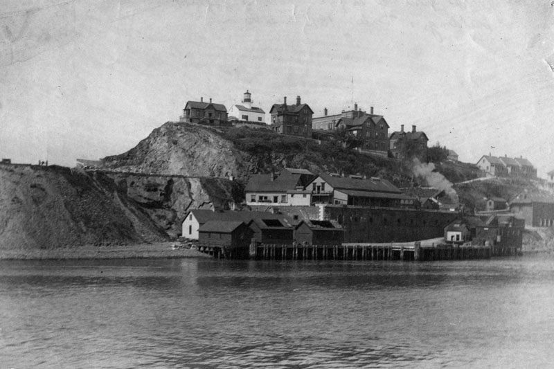 View of Alcatraz Island in 1895, showing the lighthouse and prison buildings.