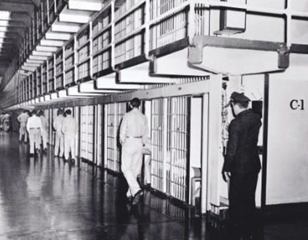 Alcatraz C-Block with inmates and guard
