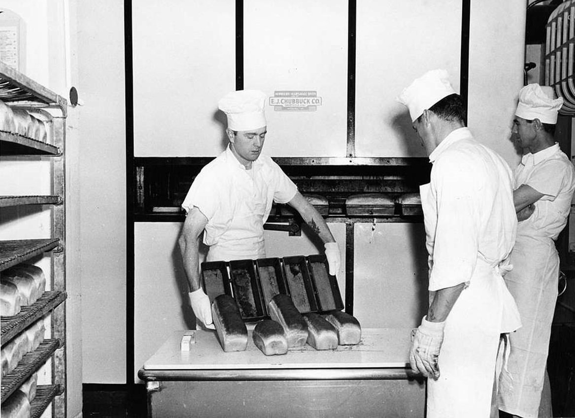Men baking bread in the Alcatraz bakery - 1962