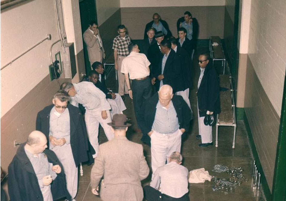 Alcatraz inmates arriving at the main cell house, c1960.
