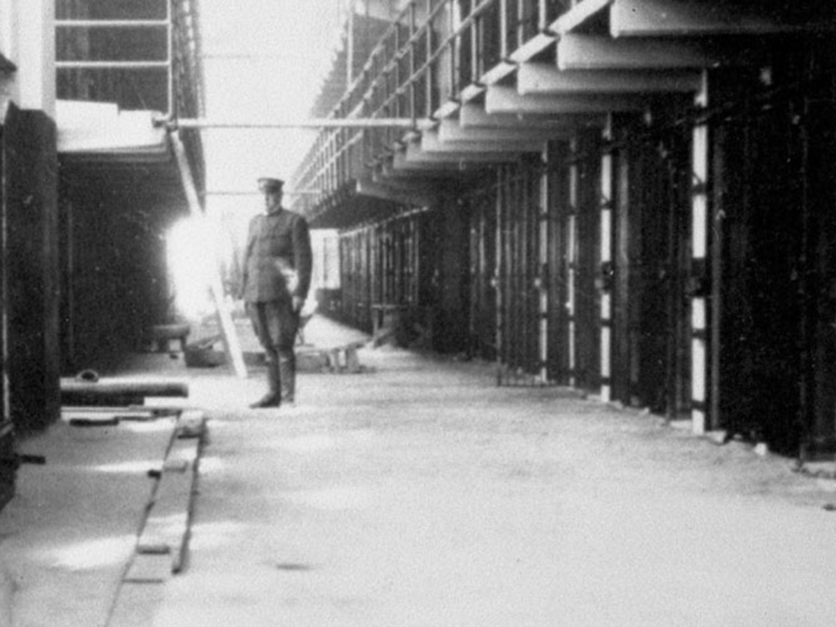 Col Reuben Turner in the Alcatraz cell house before completion, c1912.