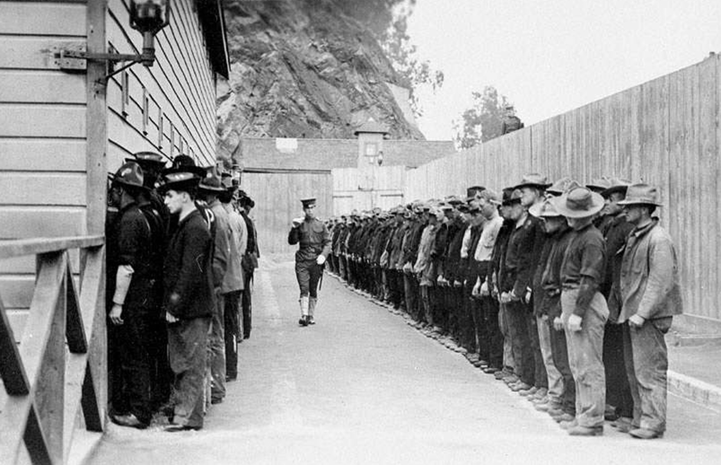 Army prisoners in stockade on the parade ground of Alcatraz, c. 1902.