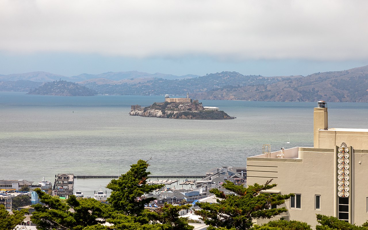 View from Pioneer Park (at Coit Tower) to Alcatraz Island, San Francisco, California, USA - 2022