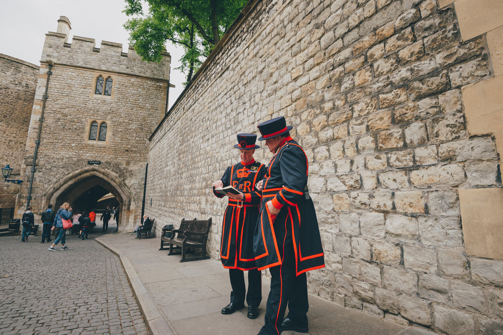 Beefeater guards or Yeoman warders at the Tower of London