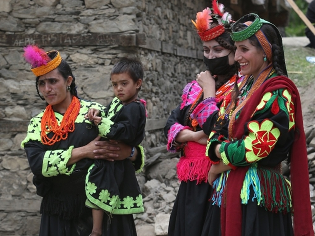 Kalasha or Kalash women, girl, indigenous people in village in Chitral, Pakistan - 2023