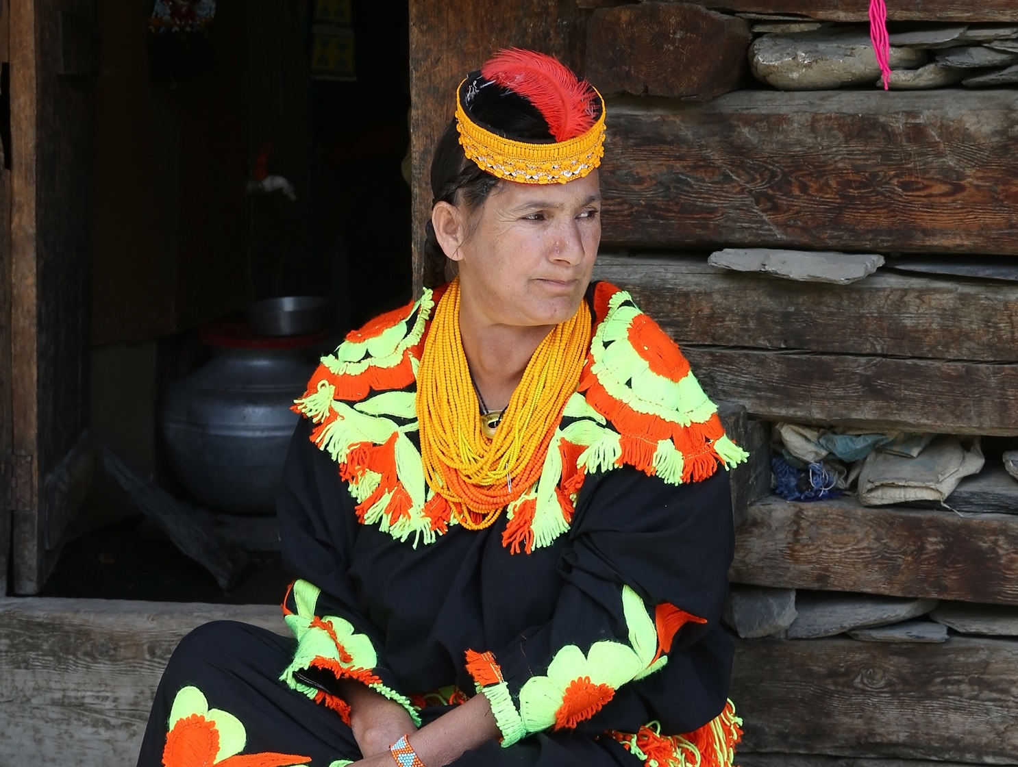 Kalasha or Kalash woman in village in Chitral,