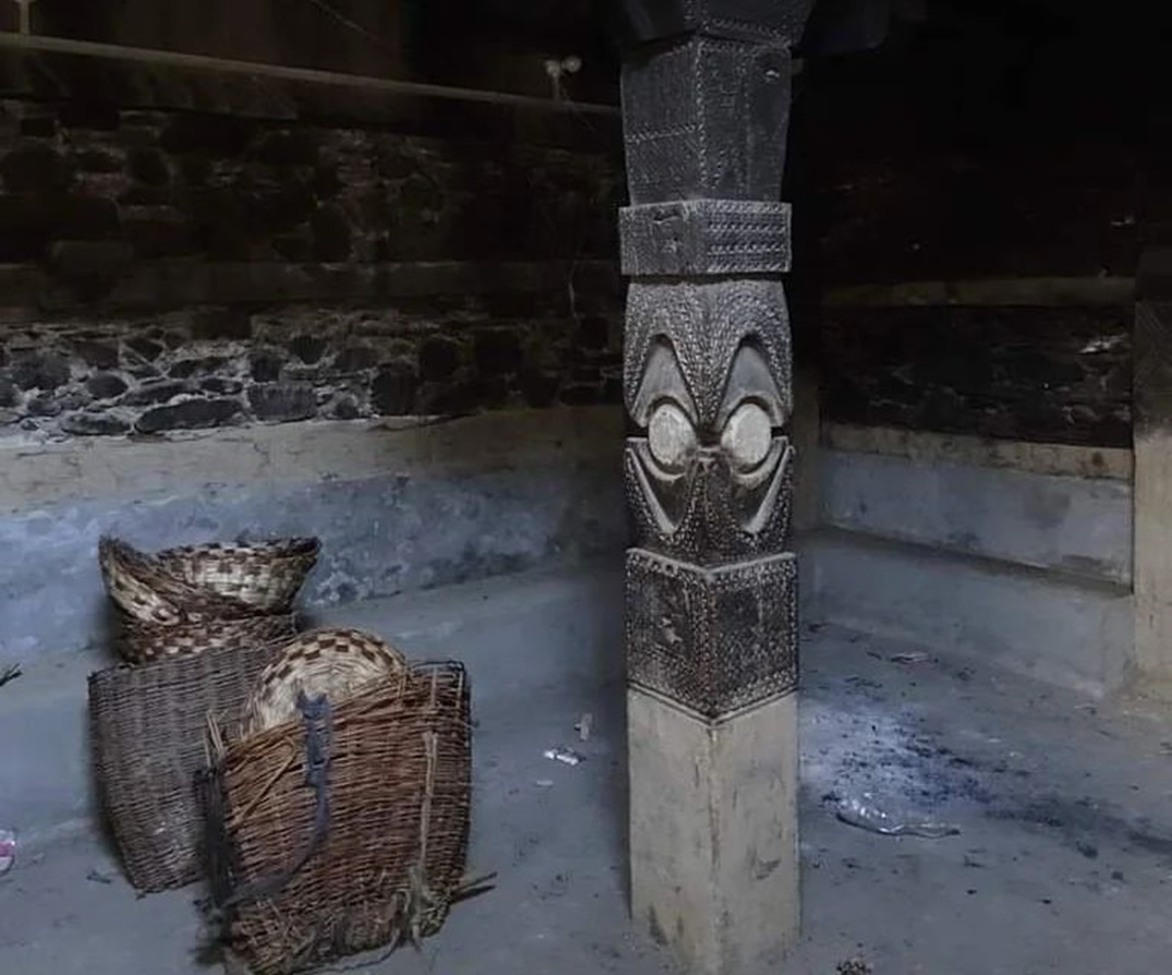 Wood carving on the pillars of the temple of god Jestak in the valley of Bumburet, Chitral, northwestern Pakistan.
