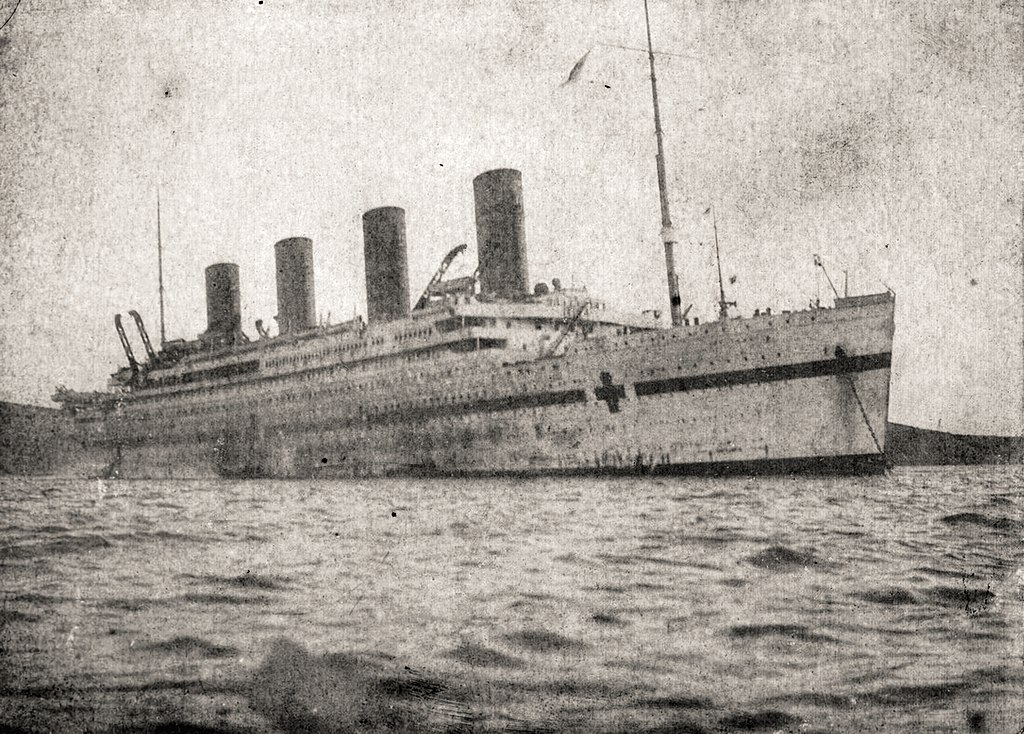 Grayscale Photo of British hospital ship HMHS Britannic at Moúdros