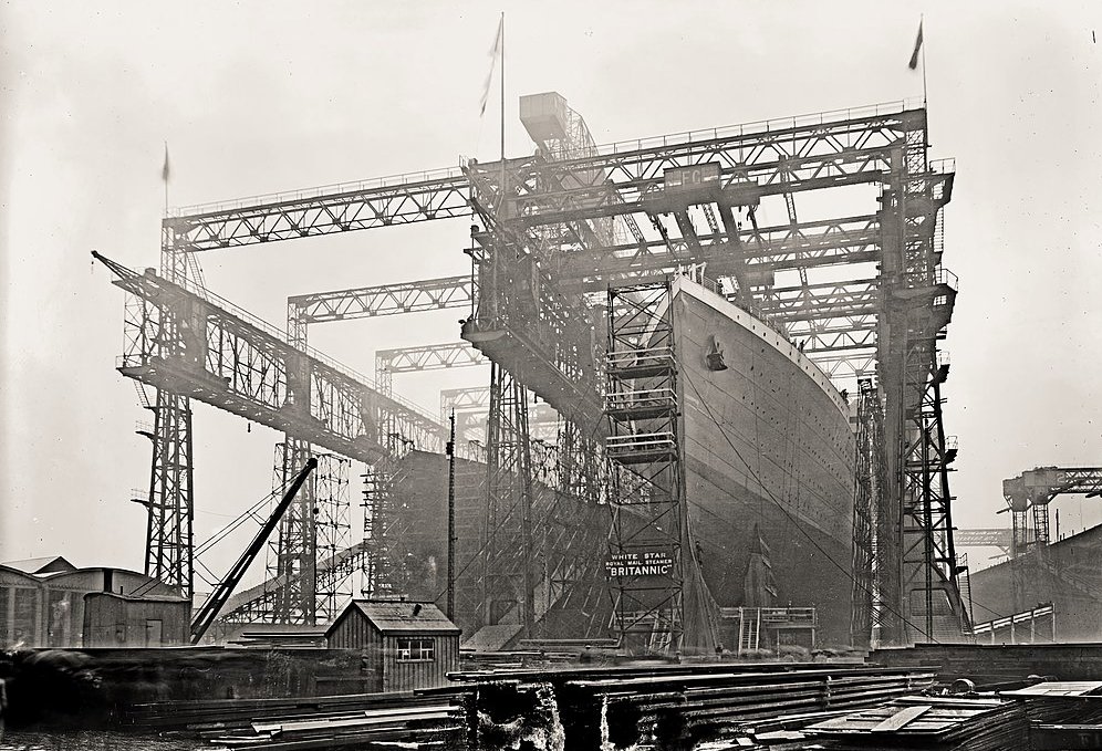 Grayscale Photo of Arrol Gantry And Hmhs Britannic