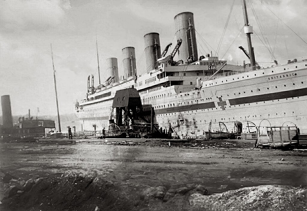 Grayscale Photo of British hospital ship HMHS Britannic recalling at Naples