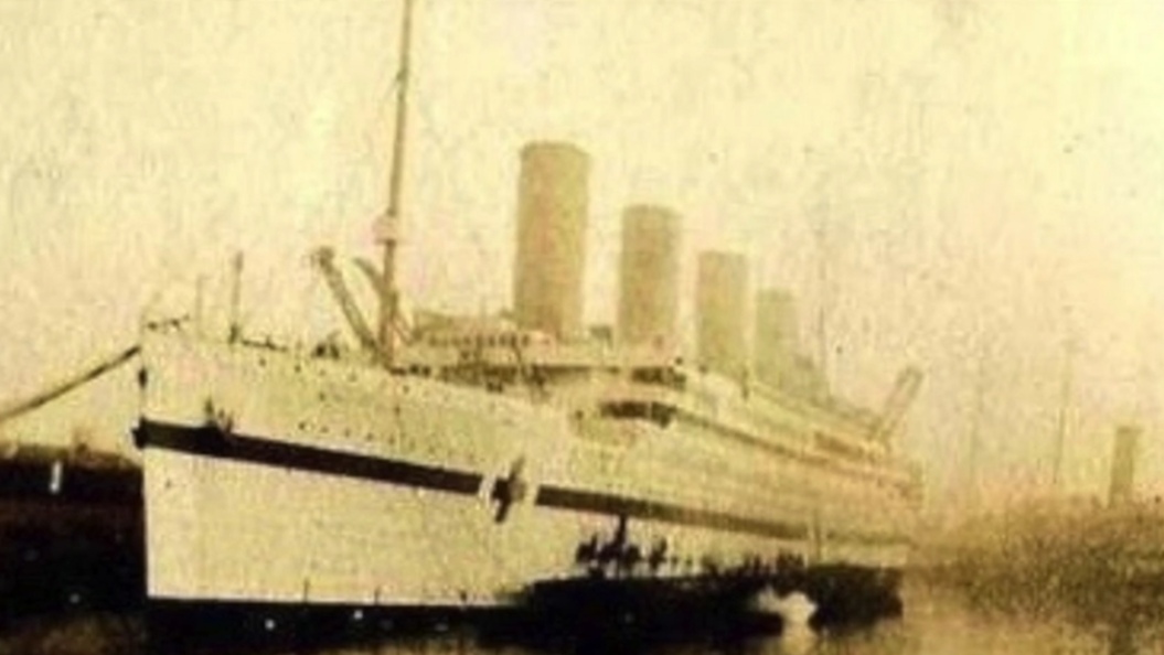 Grayscale Photo of British hospital ship HMHS Britannic at Southampton.
