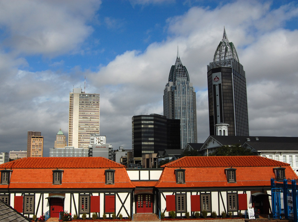 Downtown Skyline with Historic Fort Replica in Mobile, Alabama