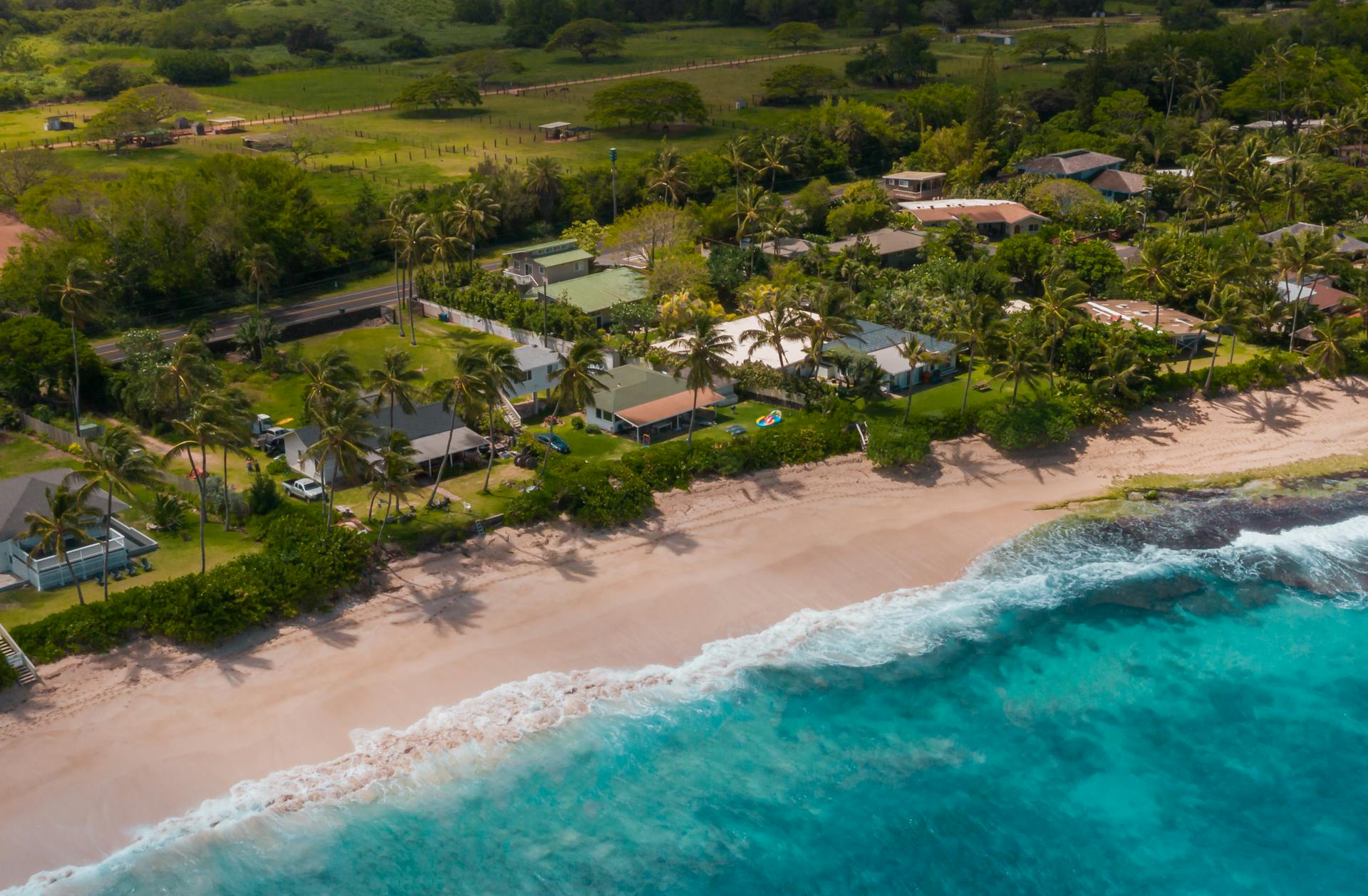 Aerial View of a Hawaiian Beachfront Neighborhood