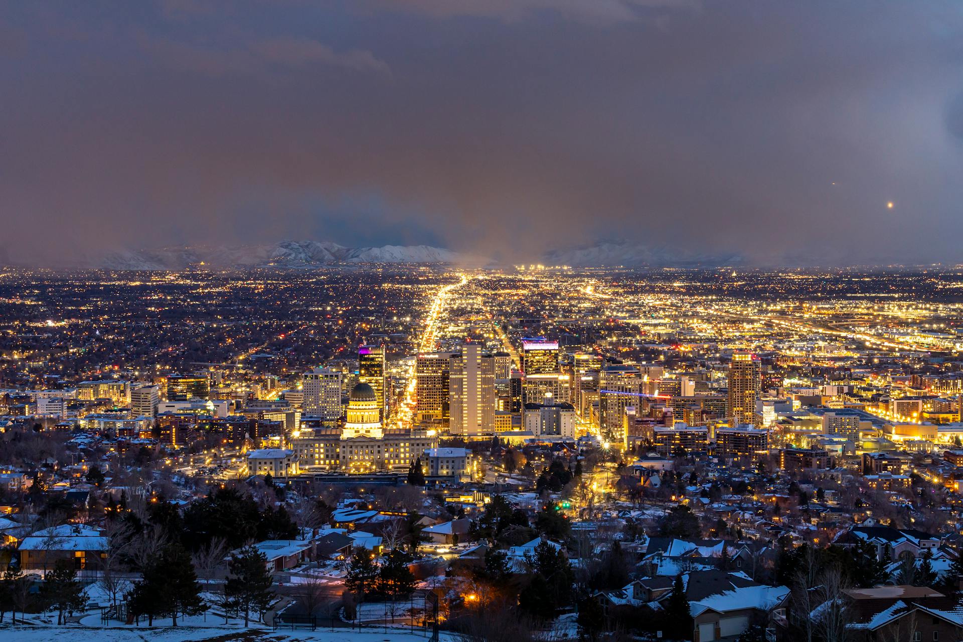 Salt Lake City, Utah at night with the city illuminated