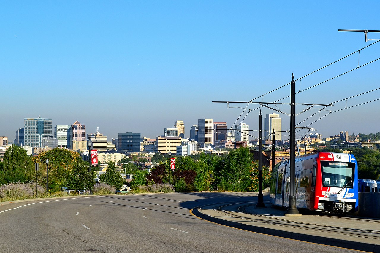 Station in Salt Lake City, Utah with the city skyline