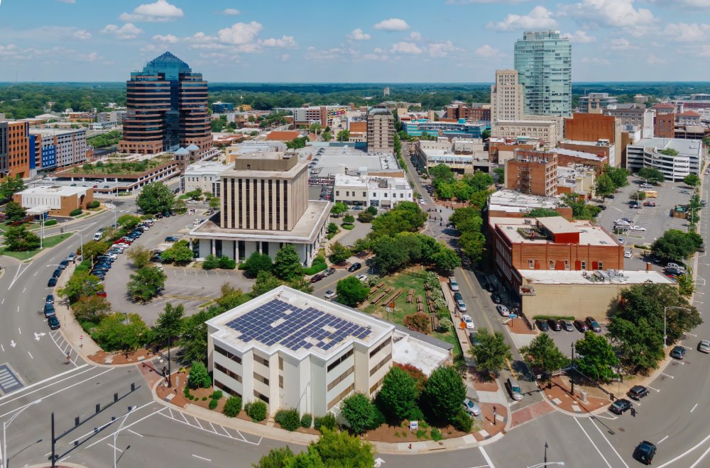 Vibrant urban scene of Durham, North Carolina captured from a high vantage point
