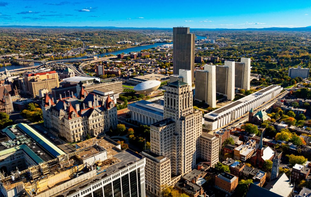 Vibrant urban scene of Albany, New York captured from a high vantage point