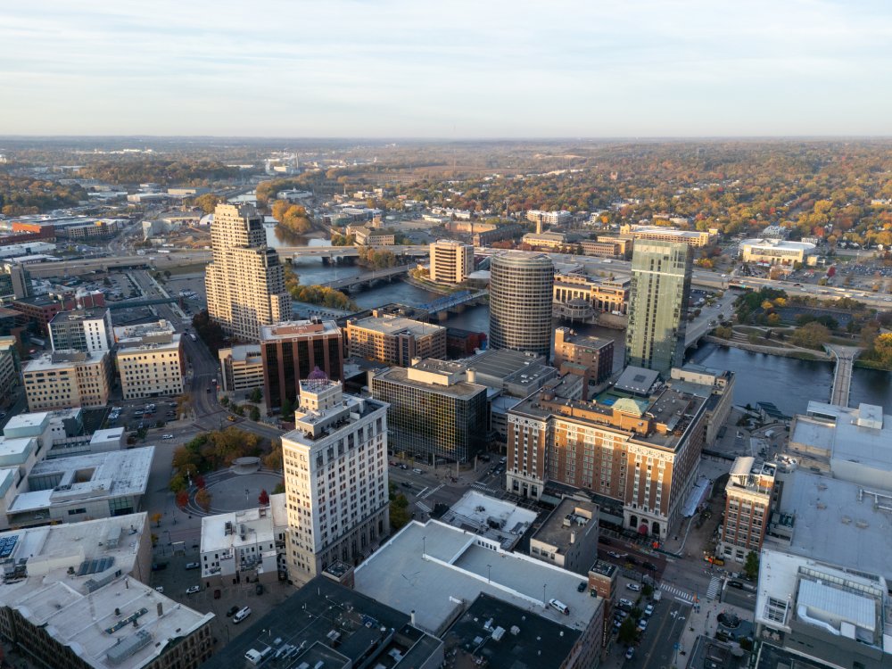 Vibrant urban scene of Grand Rapids, Michigan captured from a high vantage point
