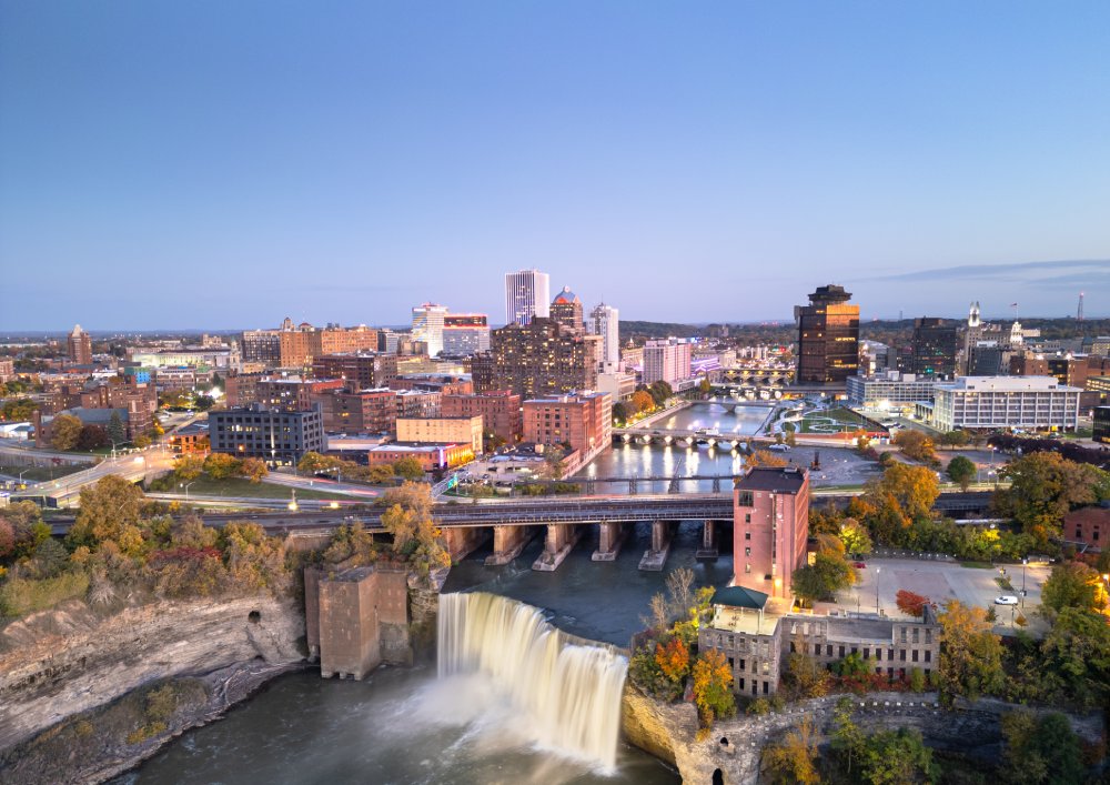 Vibrant urban scene of Rochester, New York captured from a high vantage point
