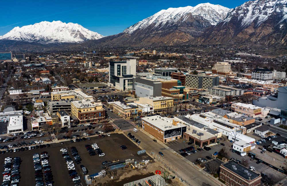 Vibrant urban scene of Provo, Utah captured from a high vantage point