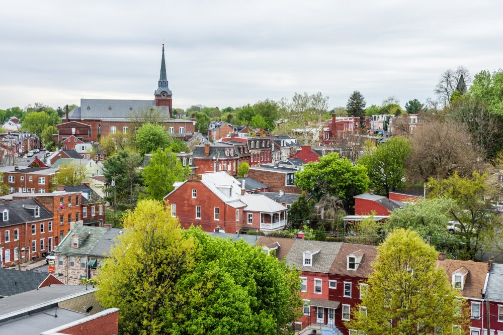 Vibrant urban scene of Lancaster, Pennsylvania captured from a high vantage point