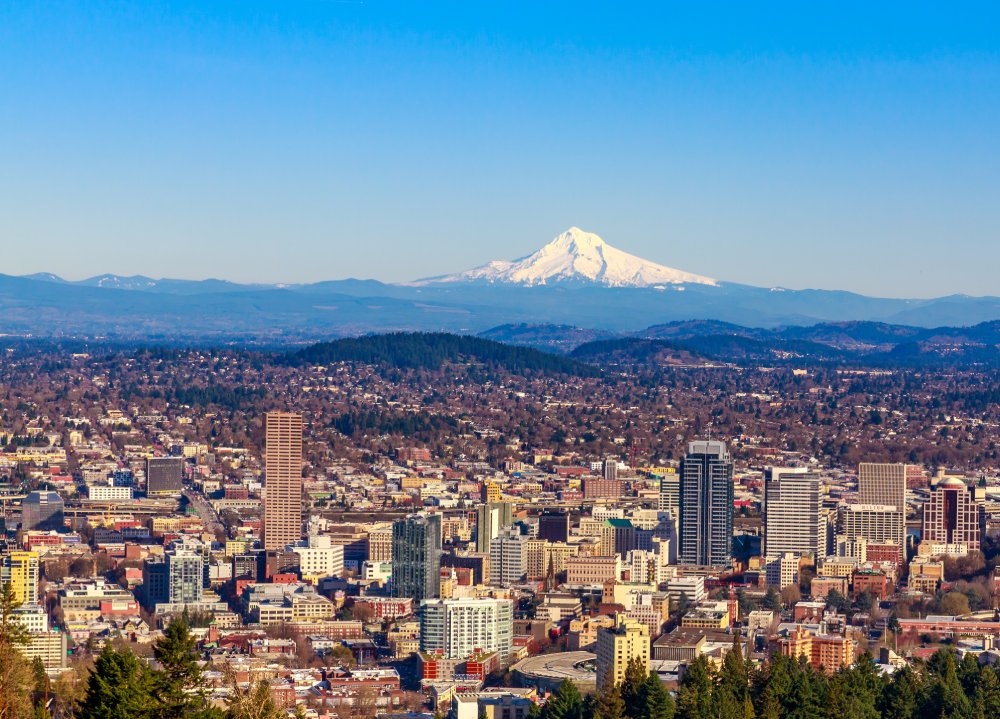 Vibrant urban scene of Portland, Oregon captured from a high vantage point