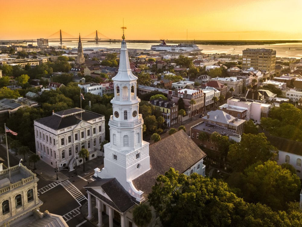 Vibrant urban scene of Charleston, South Carolina captured from a high vantage point