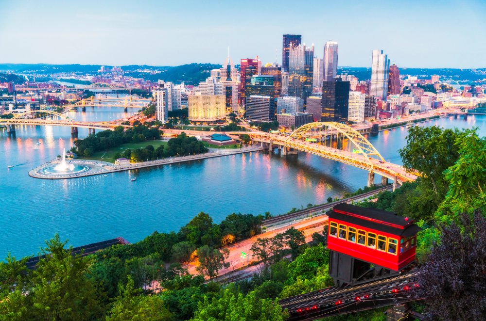 Vibrant urban scene of Pittsburgh, Pennsylvania captured from a high vantage point