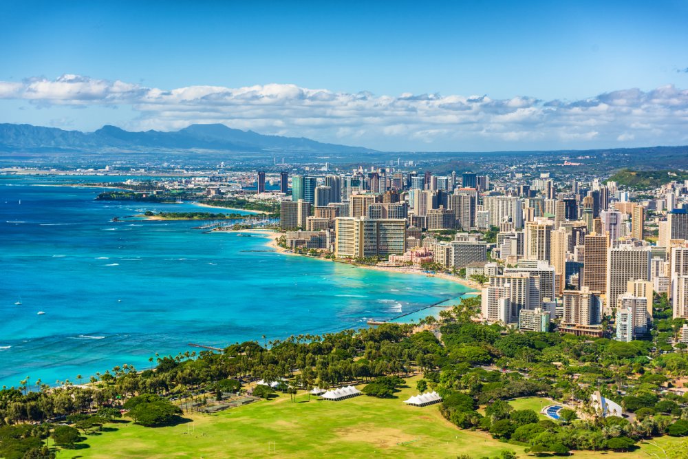 Vibrant urban scene of Honolulu, Hawaii captured from a high vantage point
