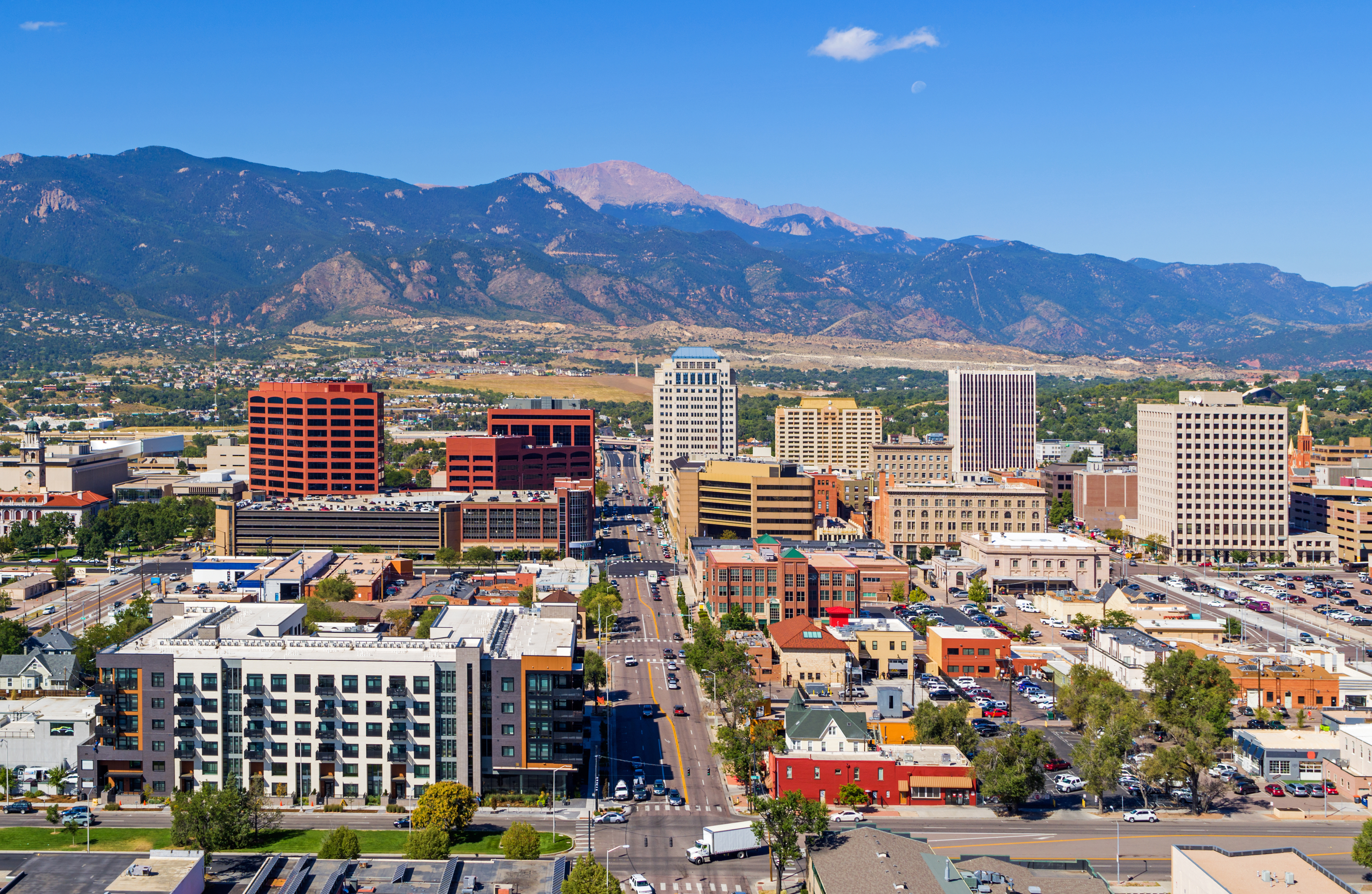 Vibrant urban scene of Colorado Springs, Colorado captured from a high vantage point