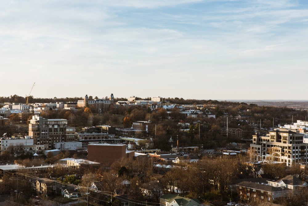 Vibrant urban scene of Fayetteville, Arkansas captured from a high vantage point