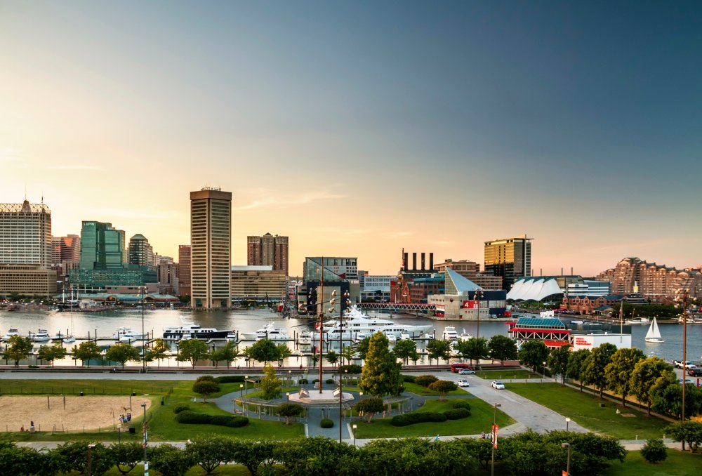 Vibrant urban scene of Baltimore, Maryland captured from a high vantage point
