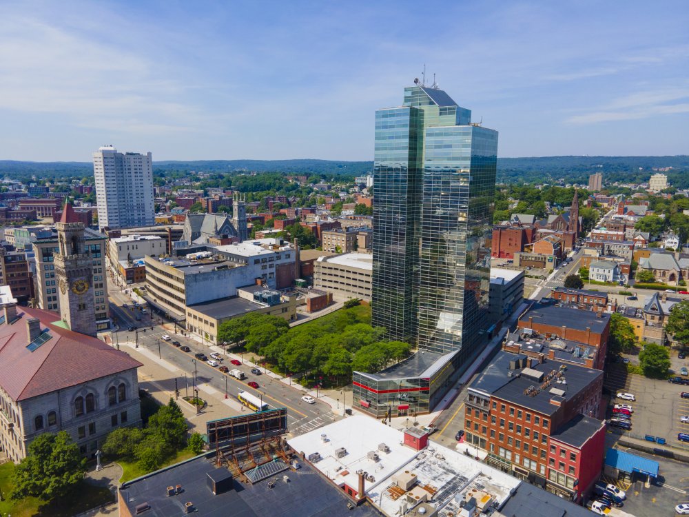 Vibrant urban scene of Worcester City in Massachusetts captured from a high vantage point