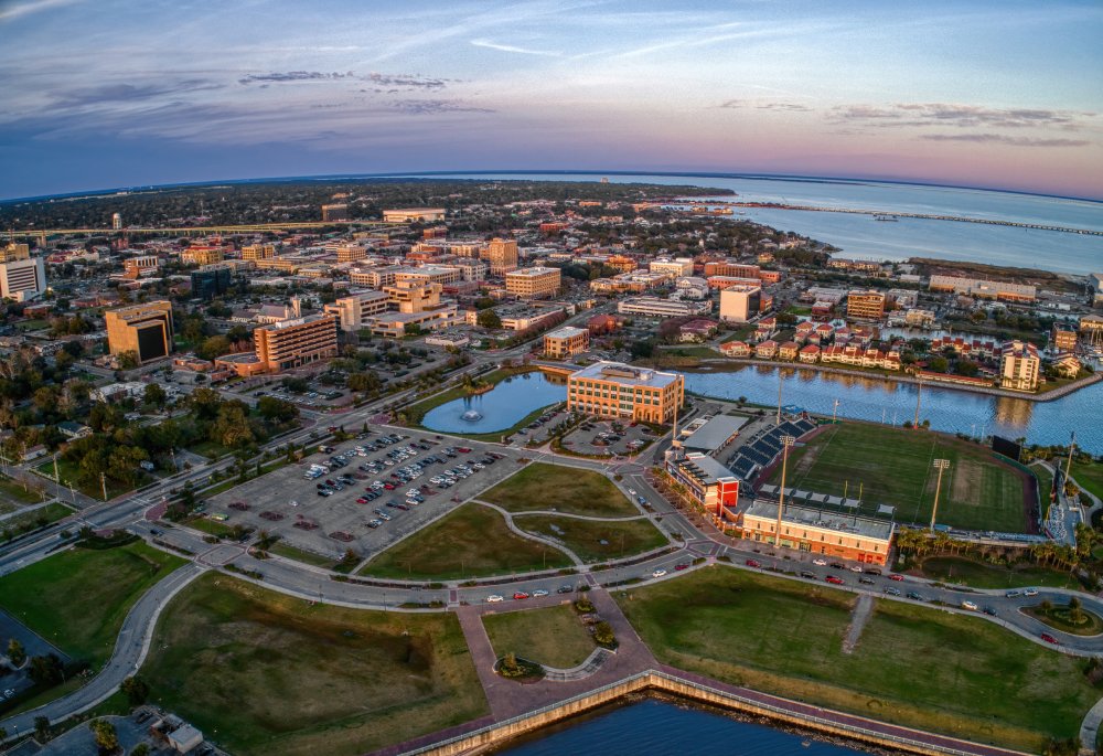 Vibrant urban scene of Pensacola, Florida captured from a high vantage point