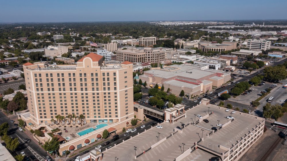 Afternoon aerial view of the urban downtown core of Modesto, California