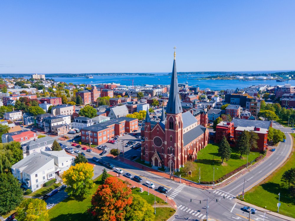 Vibrant urban scene of Portland, Maine captured from a high vantage point