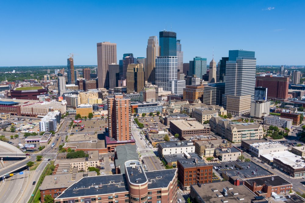 Vibrant urban scene of Minneapolis, Minnesota captured from a high vantage point