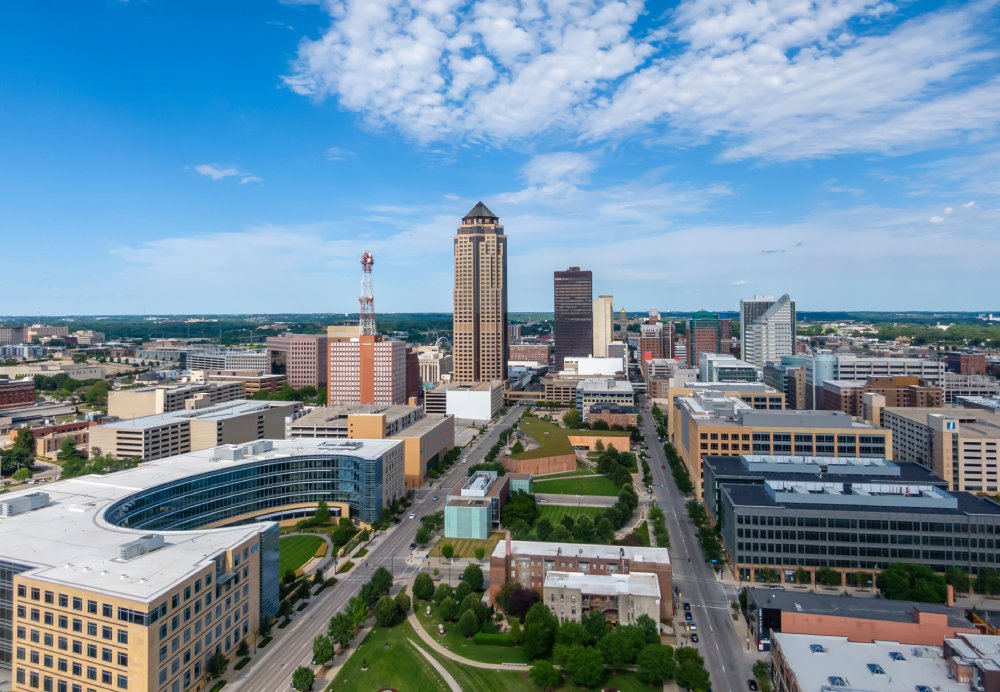 Vibrant urban scene of Des Moines, Iowa captured from a high vantage point