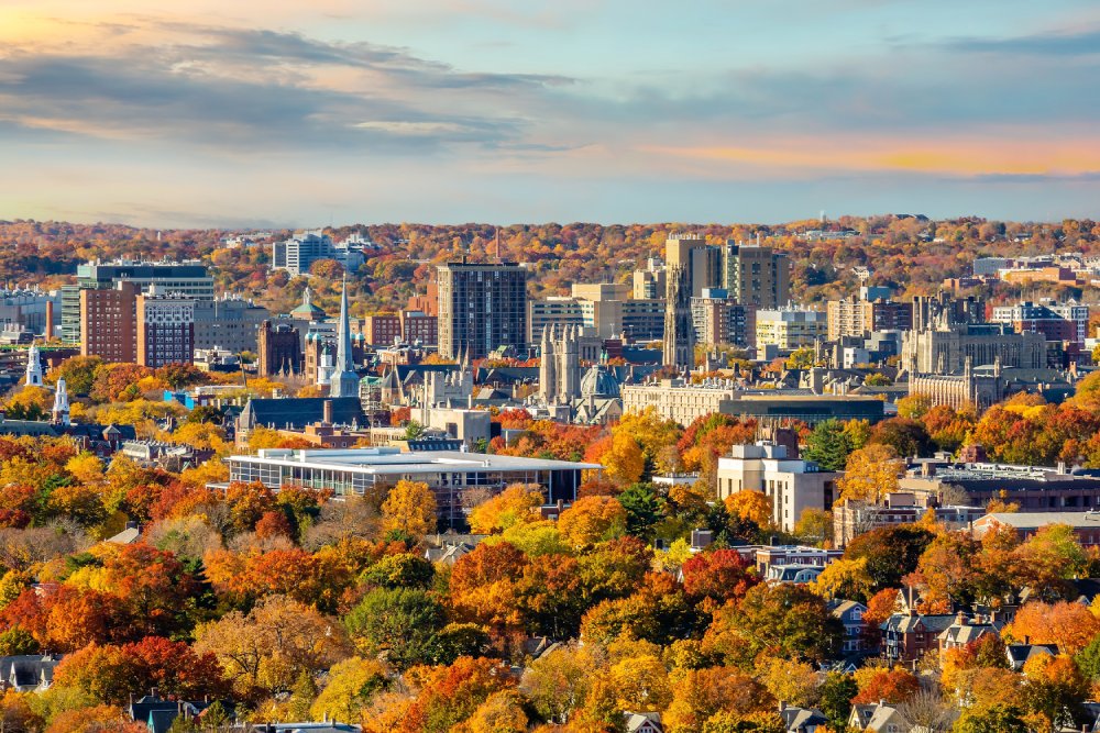 Vibrant urban scene of New Haven, Connecticut captured from a high vantage point