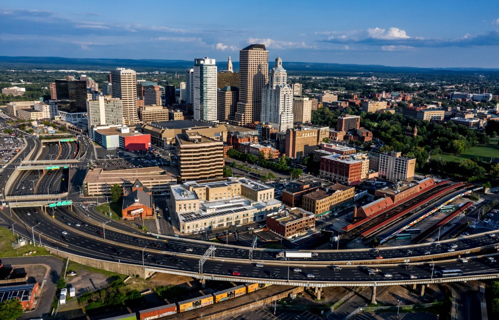 Vibrant urban scene of Hartford, Connecticut captured from a high vantage point