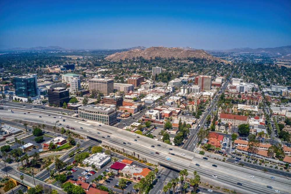 Vibrant urban scene of Riverside City in California captured from a high vantage point