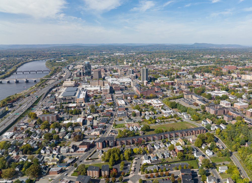 Vibrant urban scene of Springfield City in Massachusetts captured from a high vantage point