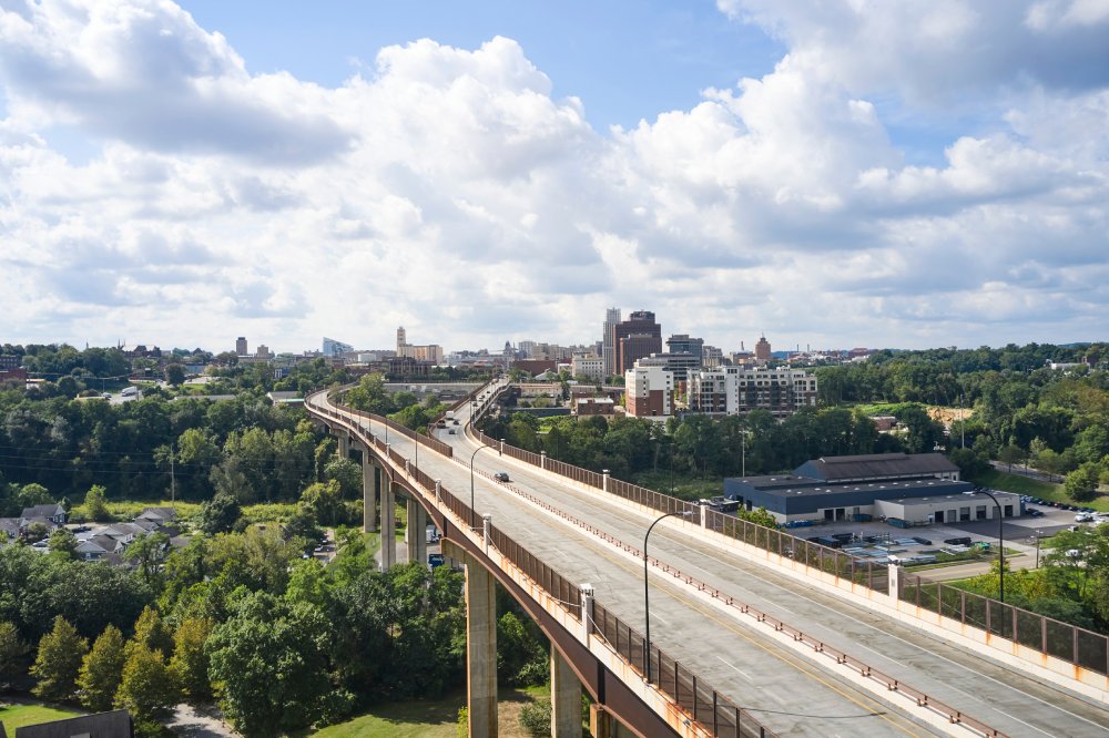 Vibrant urban scene of Akron, Ohio captured from a high vantage point