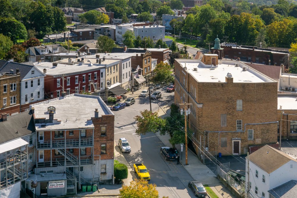 Vibrant urban scene of Poughkeepsie, New York captured from a high vantage point