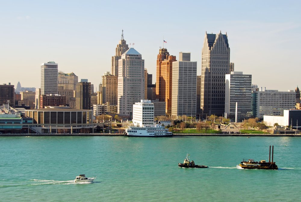 Vibrant urban scene of Detroit, Michigan captured from a high vantage point